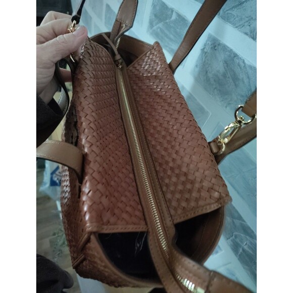 TORY BURCH THEA Tobacco Brown WOVEN Leather Center Zip Handbag READ - Picture 7 of 16